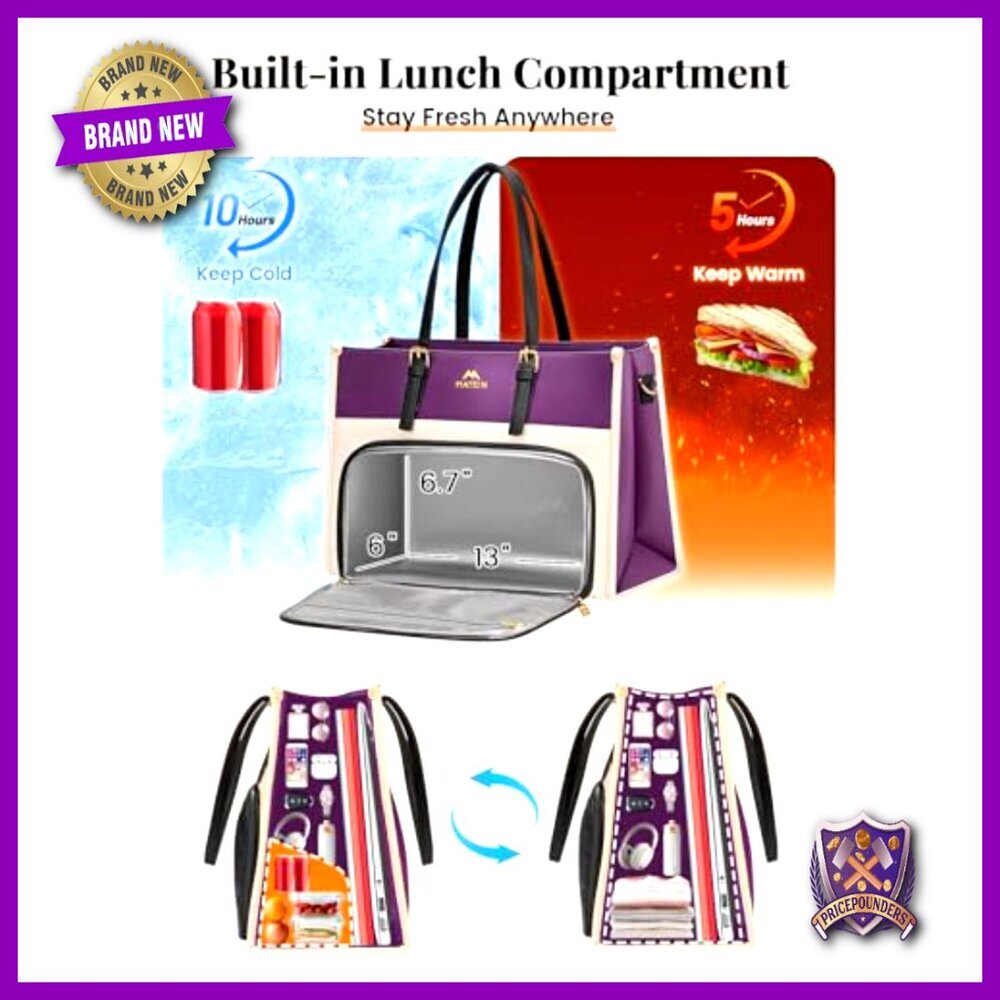 PU Leather Laptop Tote with Insulated Lunch Compartment Professional Work Bag - Picture 3 of 6